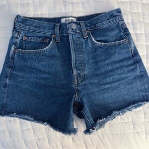 Agolde Parker Long Shorts Dark Blue Cutoff Fray Hem Caution sz 24